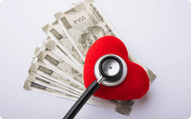Healthcare loan concept with heart, cash, and stethoscope